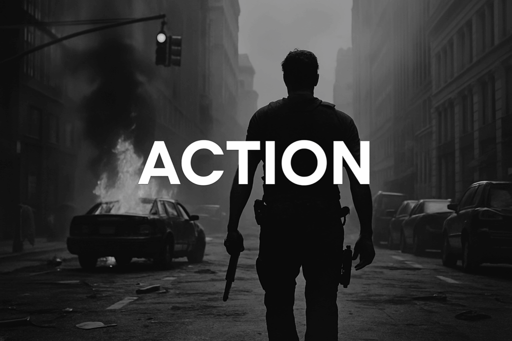 Black and white image of a dramatic action movie scene