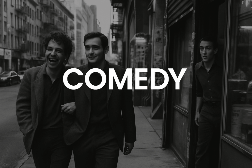 Friends laughing and walking together on a street — black and white comedy genre movie image
