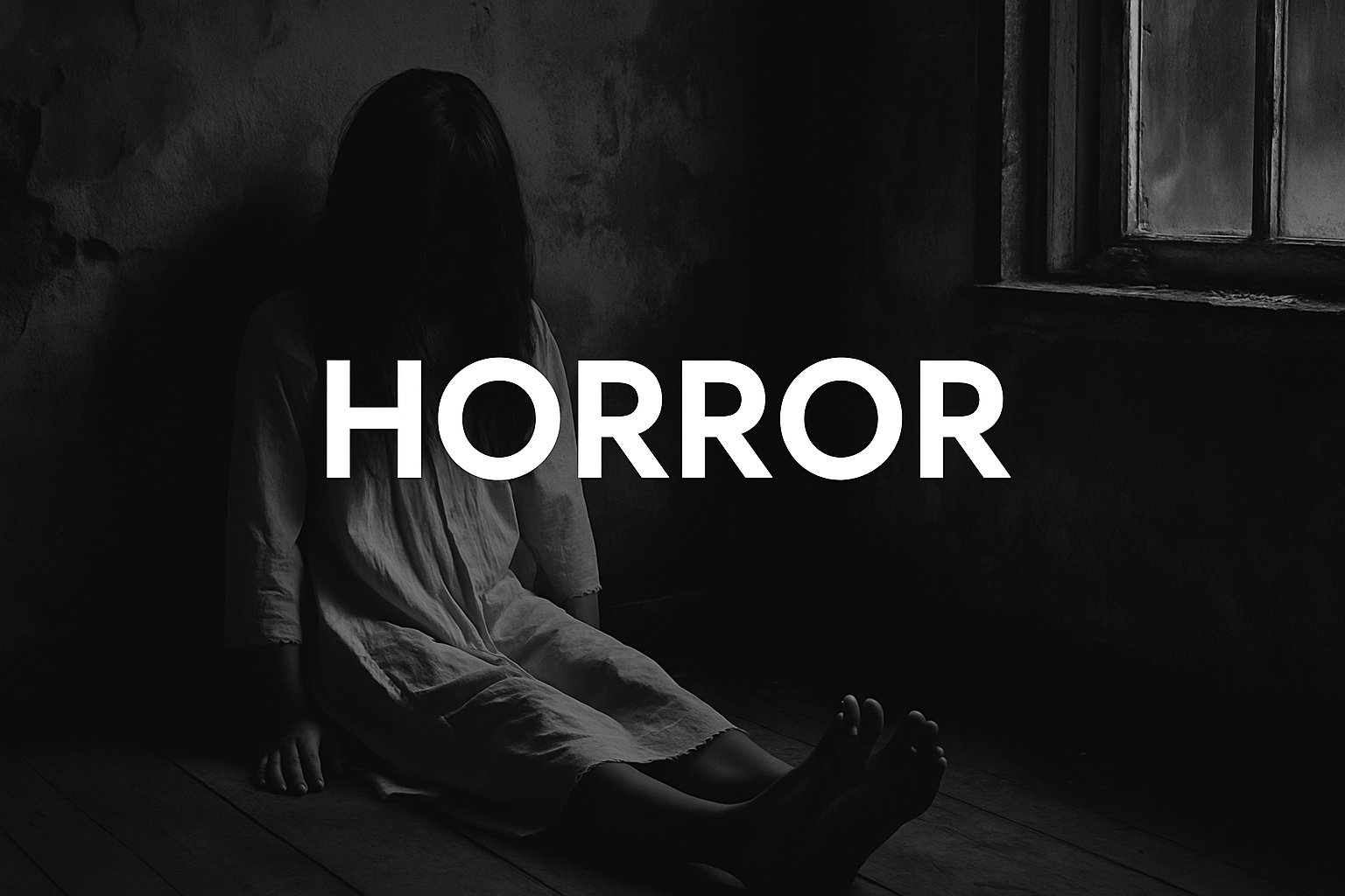Creepy girl sitting in a dark corner — horror genre movie image in black and white