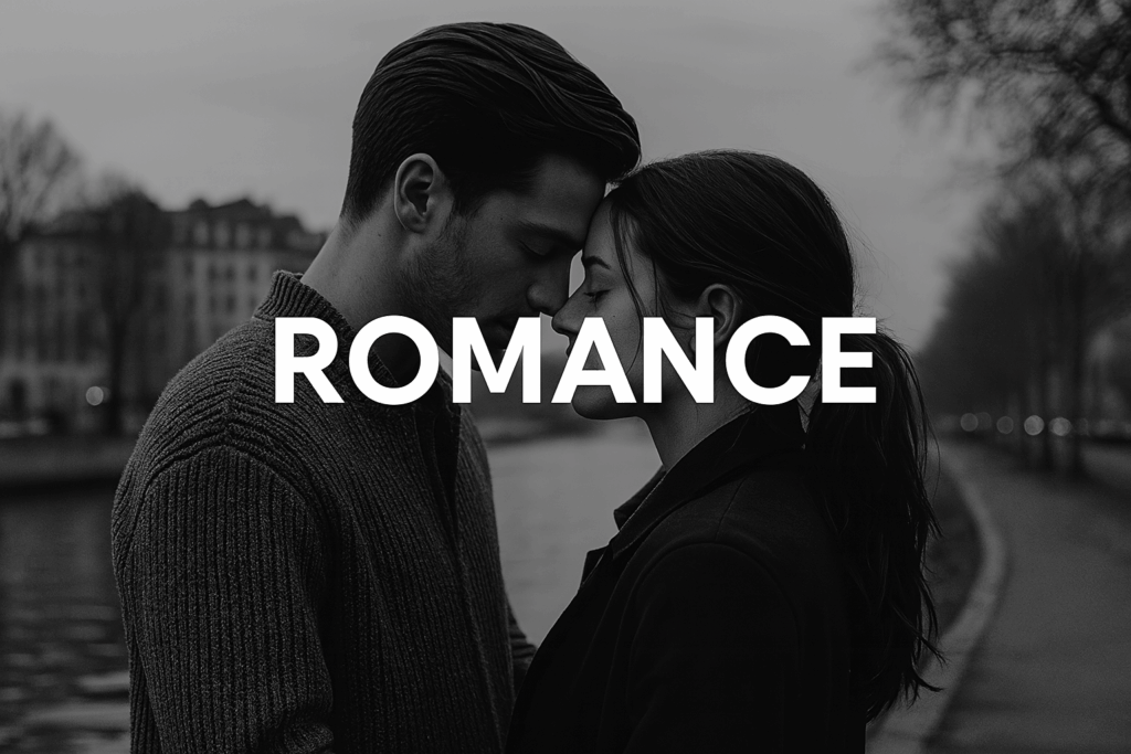 Romantic couple touching foreheads in black and white — genre image for romance movies